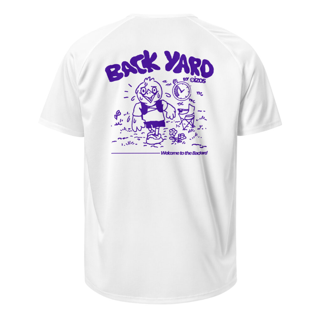 Maillot Backyard Ultra OIZOS blanc, polyester respirant pour la course d'ultra-fond